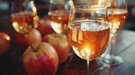Admire the cider's rich, golden hue, reflection of sun-kissed apples from which it was born. The color deepens as cider ages, hinting at complex flavors that await your palate.の素材