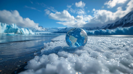 A small blue iced representing Earth embedded within a melting glacier, emphasizing the urgency of climate change and its impact on our planetの素材