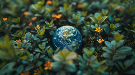 A small blue ball representing Earth nestled amidst a lush, green forest, emphasizing the importance of biodiversity and the interconnectedness of lifeの素材