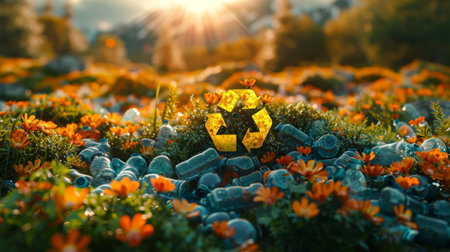 concept of ecological recycling. Recycle sign., central focus on colorful recyclables (glass, paper, plastic). In the background, depict a breathtaking landscapeの素材