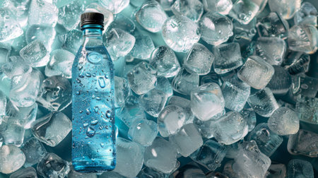 A bottle of water on ice, cold and fresh background, top view, high resolution photography, high details, high qualityの素材
