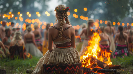 Summer solstice. Beautiful Slavic women dance around the campfire during Kupala Night, traditional Slavic holiday that was originally celebrated on the shortest night of the year. back view --no logo, brand, descriptions --ar 16:9 --style raw --stylize 700 Job ID: 84a736fc-cacf-43a0-ac1e-4255d4a30c8cの素材