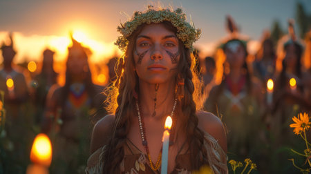 Summer solstice. traditional summer solstice celebration from a specific culture, highlighting the rituals, symbols, and beliefs associated with the event.の素材