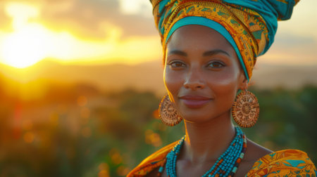 Black history month or Africa day. Beautiful African woman in style of ancient Egyptian style, wearing an intricate headdress and ornate jewelry, standing against the backdrop of mountains at sunset.の素材