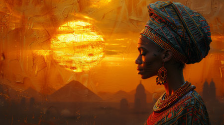Black history month or Africa day. A beautiful African woman with an ornate headdress is depicted in the style of ancient Egyptian landscape at sunset, illuminated by the golden glowの素材