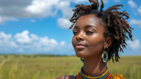 Juneteenth, a day for freedom. A beautiful black woman wearing a colorful Nilotic beaded necklace, standing in the savanna looking at the distant blue sky with white clouds.の素材