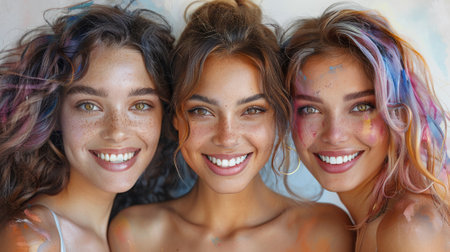 Friendship Day, a worldwide celebration of human connection. Three beautiful smiling women, in the watercolor style, warm colors, high resolution, high quality.の素材