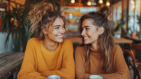 Friendship Day, a worldwide celebration of human connection. Two friends sharing a cup of coffee and catching up on each other's lives, their conversation filled with warmth and understanding.の素材