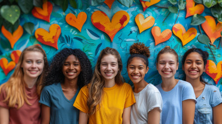 Friendship Day, a worldwide celebration of human connection. A group of friends from different backgrounds and walks of life coming together to volunteer for a cause they care aboutの素材