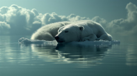 A heartbreaking image of a polar bear struggling to stay afloat on a melting ice floe, symbolizing the devastating impact of global warming on Arctic ecosystems.の素材