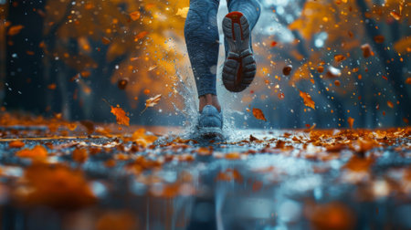 A photorealistic depiction of a person running a marathon, their determination and perseverance reflecting the importance of physical activity. healthy lifestyle, wellness and health conceptの素材