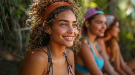 group of friends are hiking in nature stay motivated on their fitness journeys. healthy lifestyle, wellness and health conceptの素材