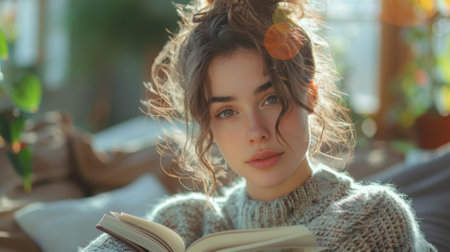 person reading a book or listening to music, emphasizing the role of relaxation and self-care in mental health. mental health, mindfulness and wellness conceptの素材