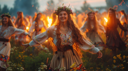 Summer solstice. Beautiful Slavic women dance around the campfire during Kupala Night, traditional Slavic holiday that was originally celebrated on the shortest night of the year. --no logo, brand, descriptions --ar 16:9 --style raw --stylize 700 Job ID: 1dea5f31-4471-44b1-ac40-091a1957700dの素材