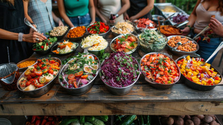 Summer solstice. Invite friends, neighbors, or community members to a potluck, sharing traditional dishes and celebrating the abundance of the season while fostering social connection.の素材