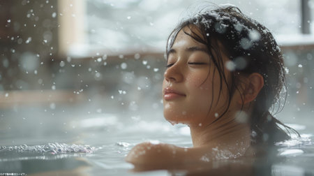 Japan. woman relax in onsen. The steam rising from the onsen pools mingles with the snowflakes falling from the sky, creating a mesmerizing spectacle of nature's contrasting elements.の素材
