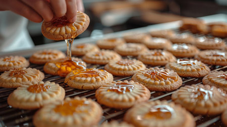 Canada Day. A close-up shot of a Canadian baker preparing a batch of maple syrup cookies, their aroma filling the air and evoking the sweet taste of Canada.の素材