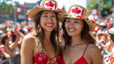 Canada Day. A mother and daughter wearing red dresses and straw hats with the Canadian flag on them smile for the camera while standing in front of a large crowd during a parade.の素材