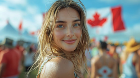 Canada Day. back view of woman at Canada Day festival, with Canadian flag in background, photo realistic,の素材