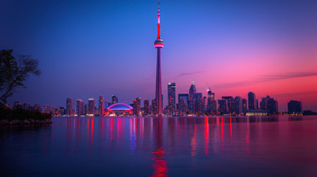Canada Day. The CN Tower illuminated in red and white, its iconic silhouette standing tall against the backdrop of the Toronto skyline.の素材