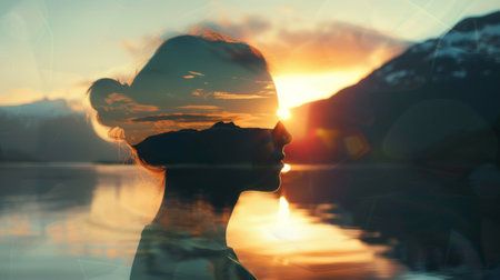 Double exposure: wide shot silhouette of a Scandinavian woman against the backdrop of the Norwegian fjords. photorealistic, sunset light.の素材