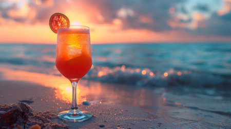 glass of cocktail stands on sand against backdrop of tropical sea. idea of summer vacation.の素材