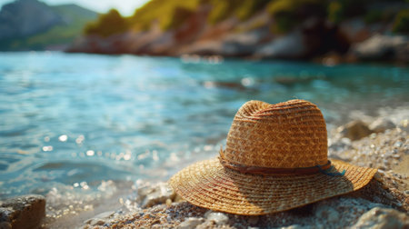 summer hat lies on the sand against the backdrop of the tropical sea. idea of summer vacationの素材