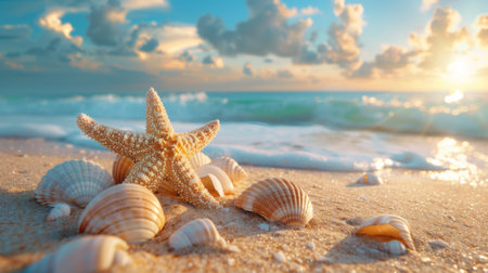 starfish and shells lie on the sand against the backdrop of the tropical sea at sunset time. Tropical Seashoreの素材