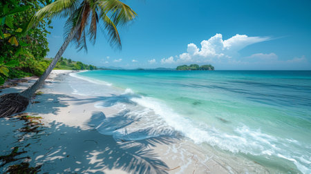 Beautiful tropical beach with palm trees and turquoise sea water on a sunny day, Seychelles. Honey colored sand. Beautiful seascape background for a summer vacation concept or travel advertisingの素材