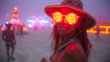 Burning Man Festival . woman in an unusual ethnic costume in the theme of the festival , glowing festival installationsの素材