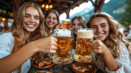 Oktoberfest. people in traditional Bavarian attire having fun at outdoor bar with beer, group of friends toasting, smiling women sitting at table outside restaurant in mountains village festival.の素材