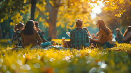 Friendship Day, a worldwide celebration of human connection. A group of friends enjoying a picnic in a sunny park, their laughter mingling with the chirping of birds.の素材