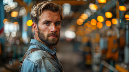 A male worker stands in a workshop against an industrial background. Realistic photography.の素材