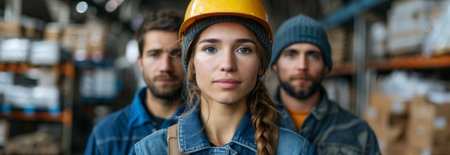 Workers stand of different nationalities in clean clothes stands against the backdrop of an industrial warehouse. Realistic photographyの素材