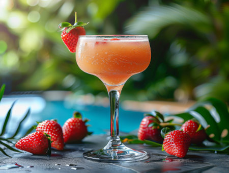 A daiquiri with strawberries standing on a table by the pool. realistic photoの素材