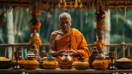 Vesak Festival . Monks: Buddhist monks play a central role in Vesak celebrations, leading prayers, offering guidance, and sharing their wisdom with devotees..の素材