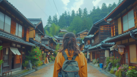 Golden Week Adventure in Japan. woman Wander through the charming streets of Takayama, a well-preserved Edo-period town with traditional wooden buildingsの素材