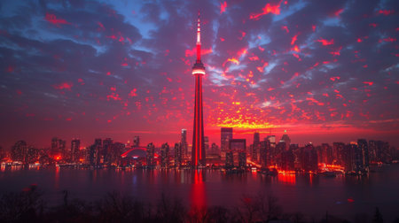 Canada Day. The CN Tower illuminated in red and white, its iconic silhouette standing tall against the backdrop of the Toronto skyline.の素材