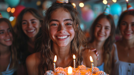 Friendship Day, a worldwide celebration of human connection. A group of friends celebrating a birthday or milestone together, their joy and camaraderie filling the room.の素材