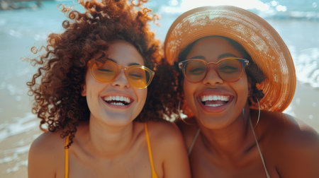 Friendship Day, a worldwide celebration of human connection. Two plus size women laughing happily on the beach, expressing love for yourself.の素材