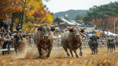 Chuseok Festival. Exciting bullfighting matches and traditional Korean games, such as ssireum Korean wrestling and jegichagi foot shuttlecock add touch of lively competition and cultural entertainmentの素材