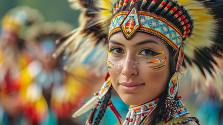 Canada Day. A close-up shot of a traditional First Nations powwow, with dancers in colorful regalia performing ceremonial dances, honoring the rich indigenous heritage of Canada.の素材