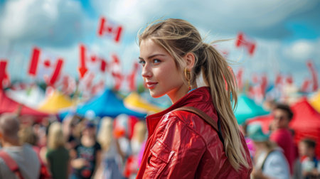 Canada day. A photo of the back view of an attractive Canadian woman at a festival, with Canada flags in background. She is wearing red jacket and has blonde hair tied into ponytail.の素材