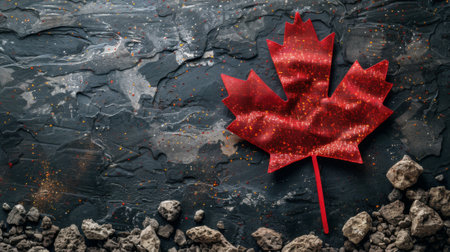 Canada Day. Photograph of the Canadian flag with red maple leaf, on black background.の素材