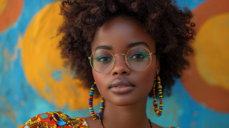 Black history month or Africa day. A beautiful black woman with an Afro wearing colorful African , with large geometric jewelry, against the backdrop of orange and blue suns,の素材