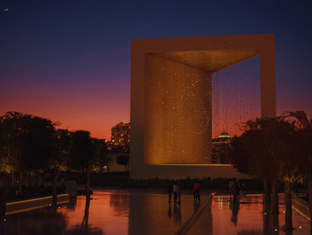 Abu Dhabi, UAE - January 13, 2024: Founders monument and Etihad towers in Abu Dhabi. Modern architecture. evening time when stars star shiningのeditorial素材