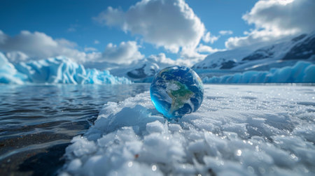 A small blue iced representing Earth embedded within a melting glacier, emphasizing the urgency of climate change and its impact on our planetの素材