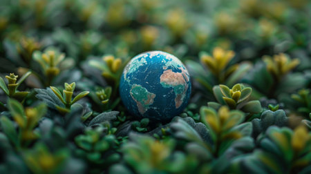 A small blue ball representing Earth nestled amidst a lush, green forest, emphasizing the importance of biodiversity and the interconnectedness of lifeの素材