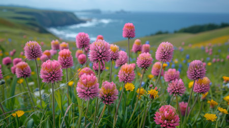 Wild flowers in the backdrop of the Oregon coast. Focus on plants. Bokeh.の素材