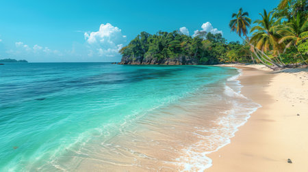 Beautiful tropical beach with palm trees and turquoise sea water on a sunny day, Seychelles. Honey colored sand. Beautiful seascape background for a summer vacation concept or travel advertisingの素材